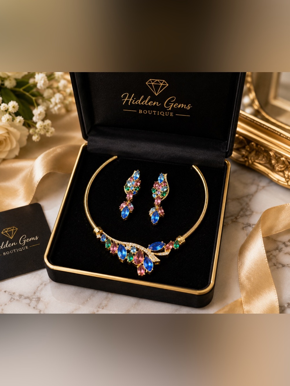 Multicolor Crystal Gold Necklace & Earring Set - Picture 3 of 5